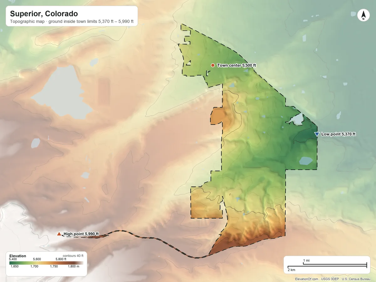 Topographic elevation map of Superior, Colorado, shaded from 5,370 ft on the southeast side to 5,990 ft on the southwest side