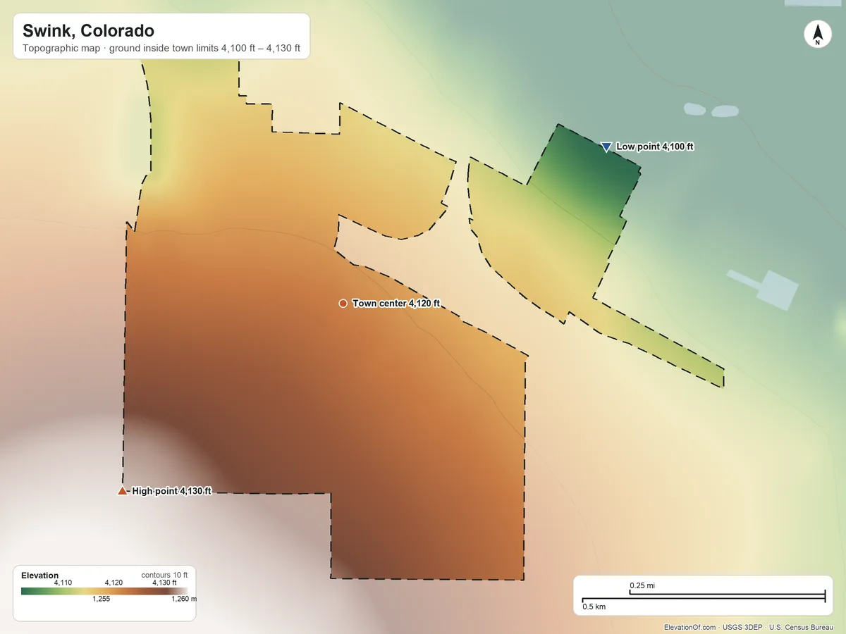 Topographic elevation map of Swink, Colorado, shaded from 4,100 ft on the northeast side to 4,130 ft on the southwest side