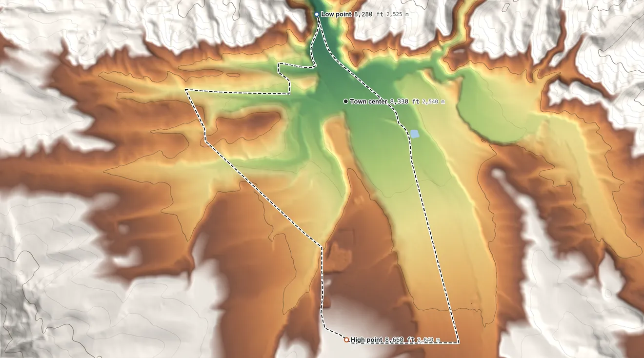 Topographic elevation map of Tabernash, Colorado, shaded from 8,280 ft on the north side to 8,660 ft on the south side