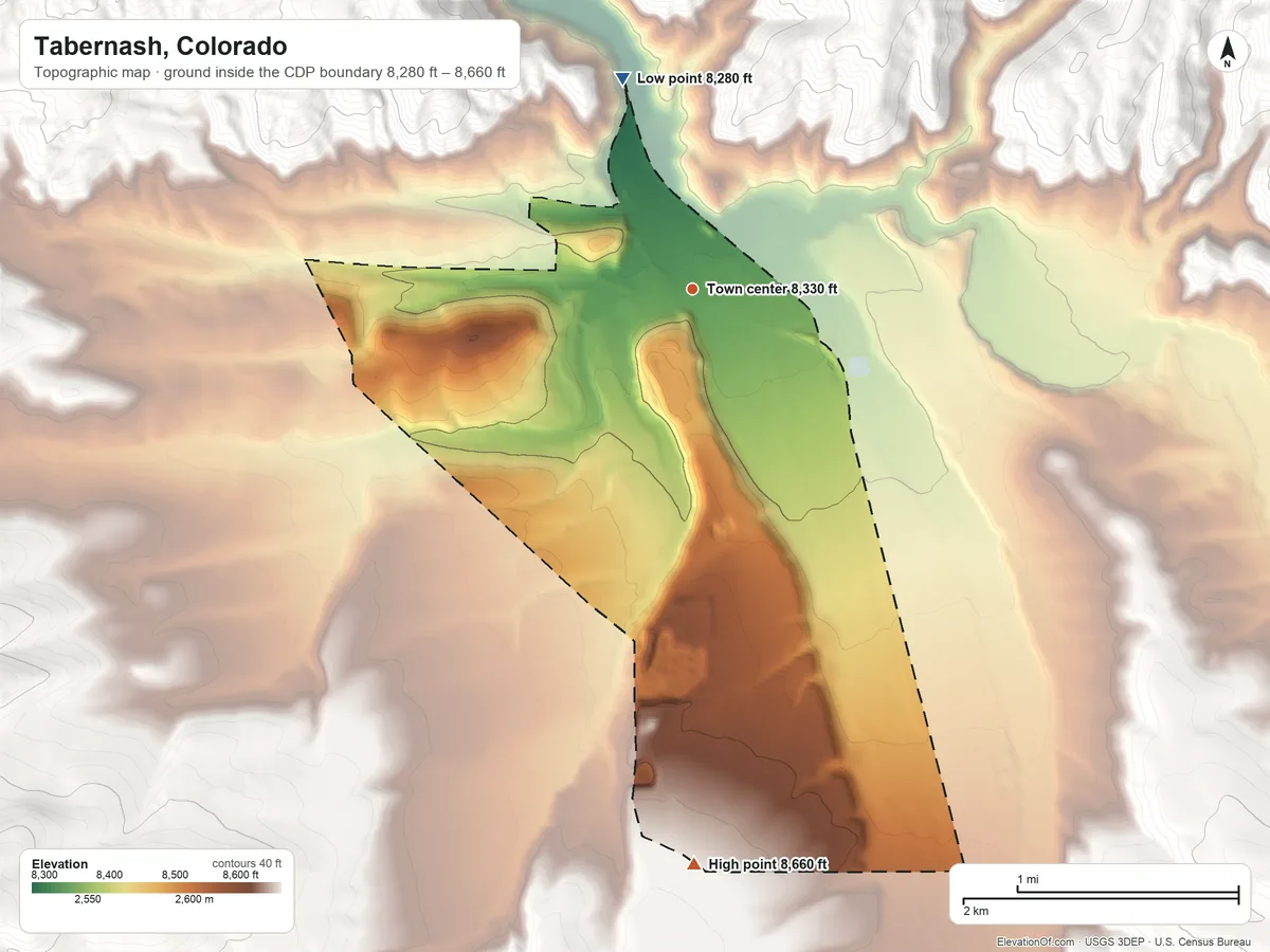 Topographic elevation map of Tabernash, Colorado, shaded from 8,280 ft on the north side to 8,660 ft on the south side