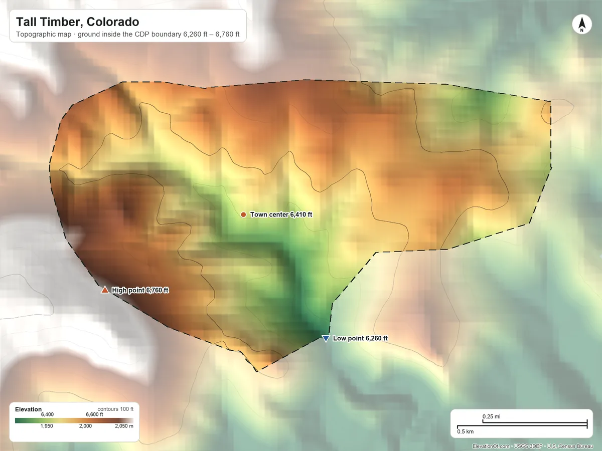 Topographic elevation map of Tall Timber, Colorado, shaded from 6,260 ft on the southeast side to 6,760 ft at the foot of the Indian Peaks