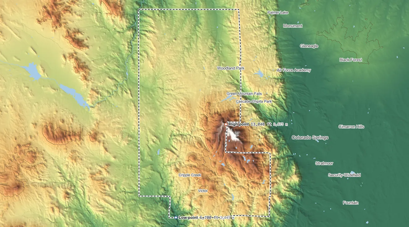 Topographic elevation map of Teller County, Colorado, shaded from 6,700 ft on the south side to 13,040 ft near the middle