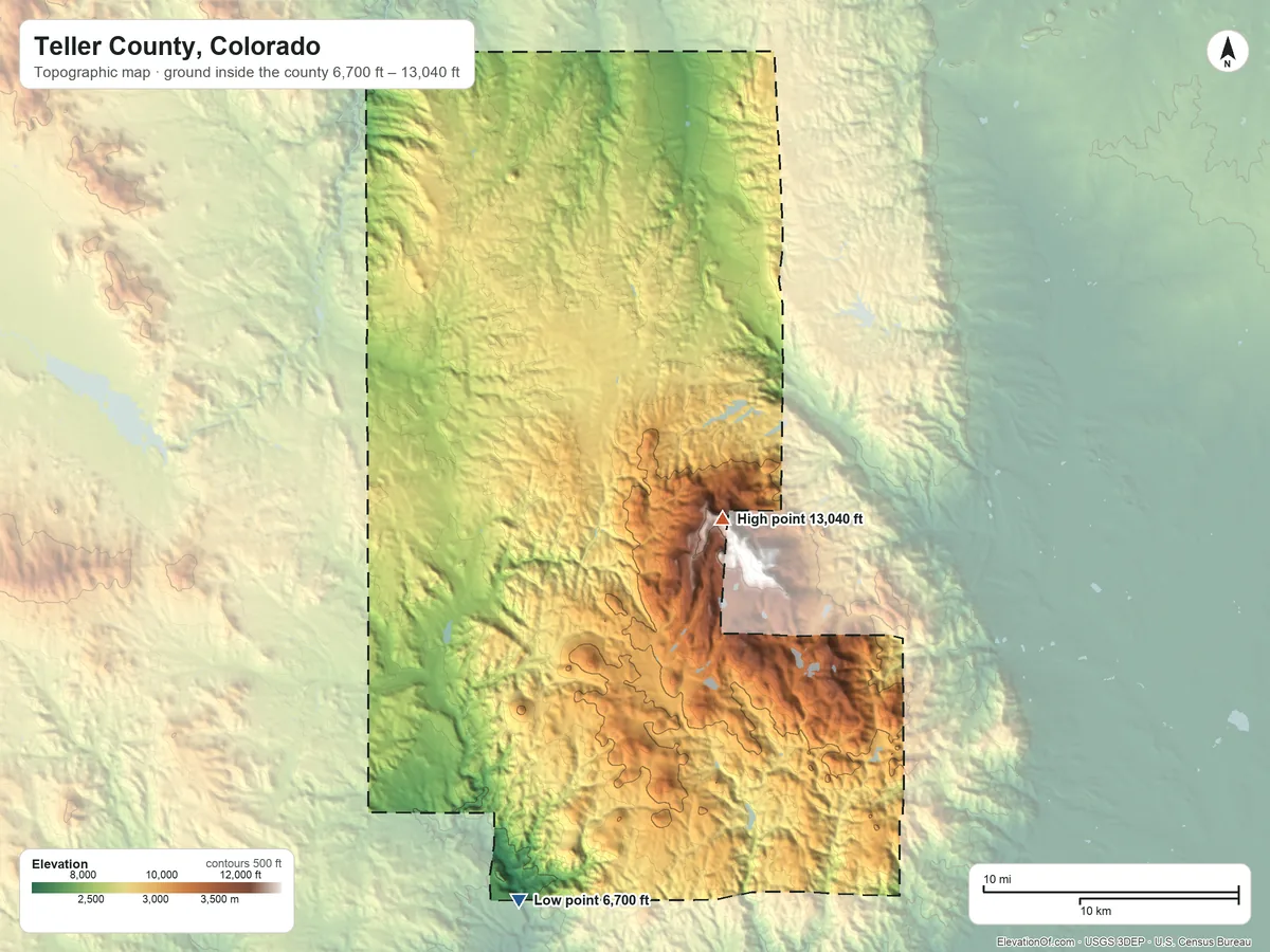Topographic elevation map of Teller County, Colorado, shaded from 6,700 ft on the south side to 13,040 ft near the middle