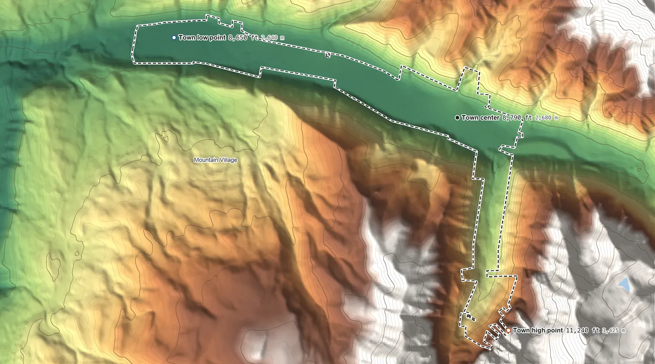 Topographic elevation map of Telluride, Colorado, shaded from 8,650 ft on the west side to 11,240 ft at the foot of the San Miguel Mountains