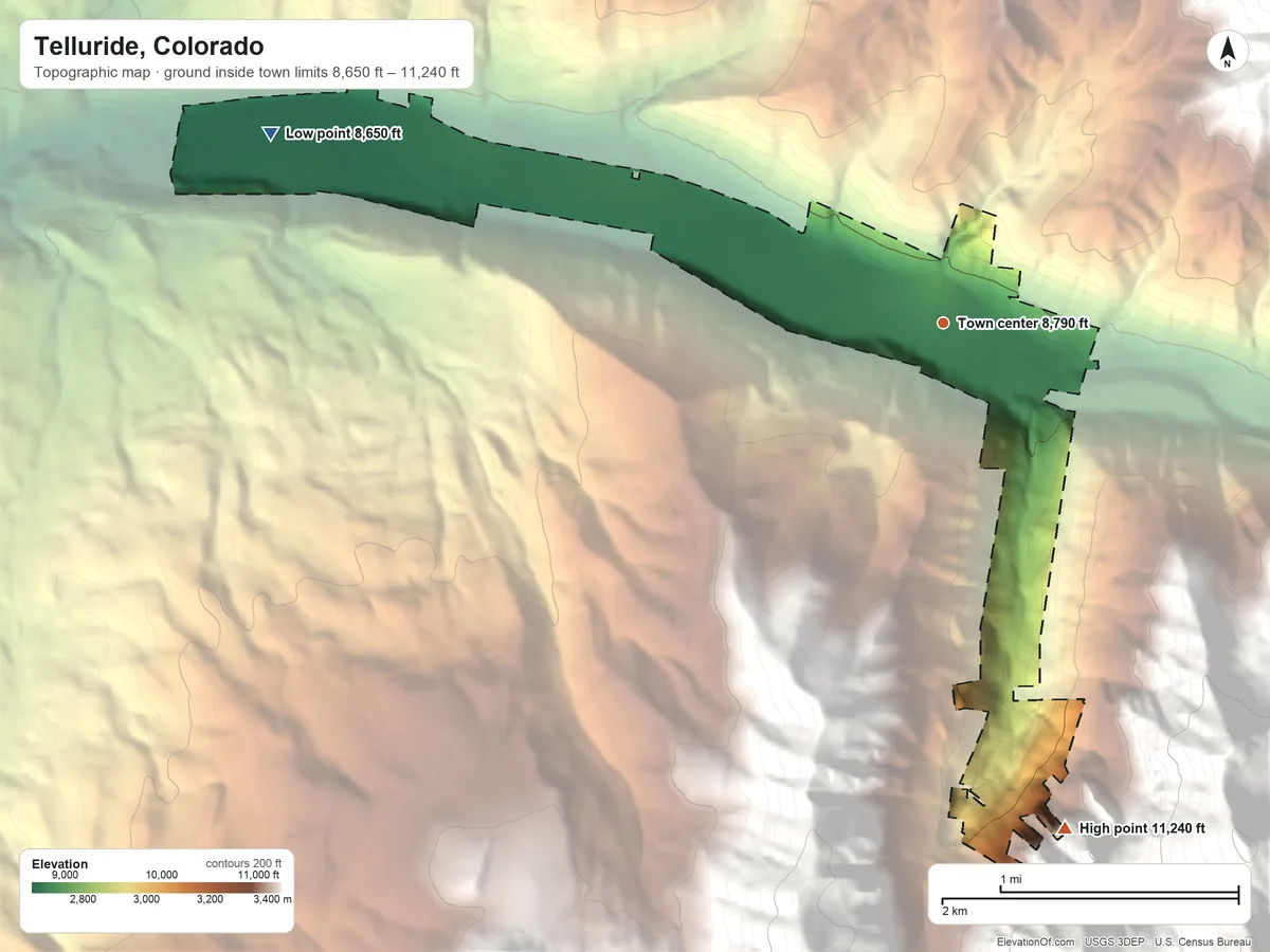 Topographic elevation map of Telluride, Colorado, shaded from 8,650 ft on the west side to 11,240 ft at the foot of the San Miguel Mountains