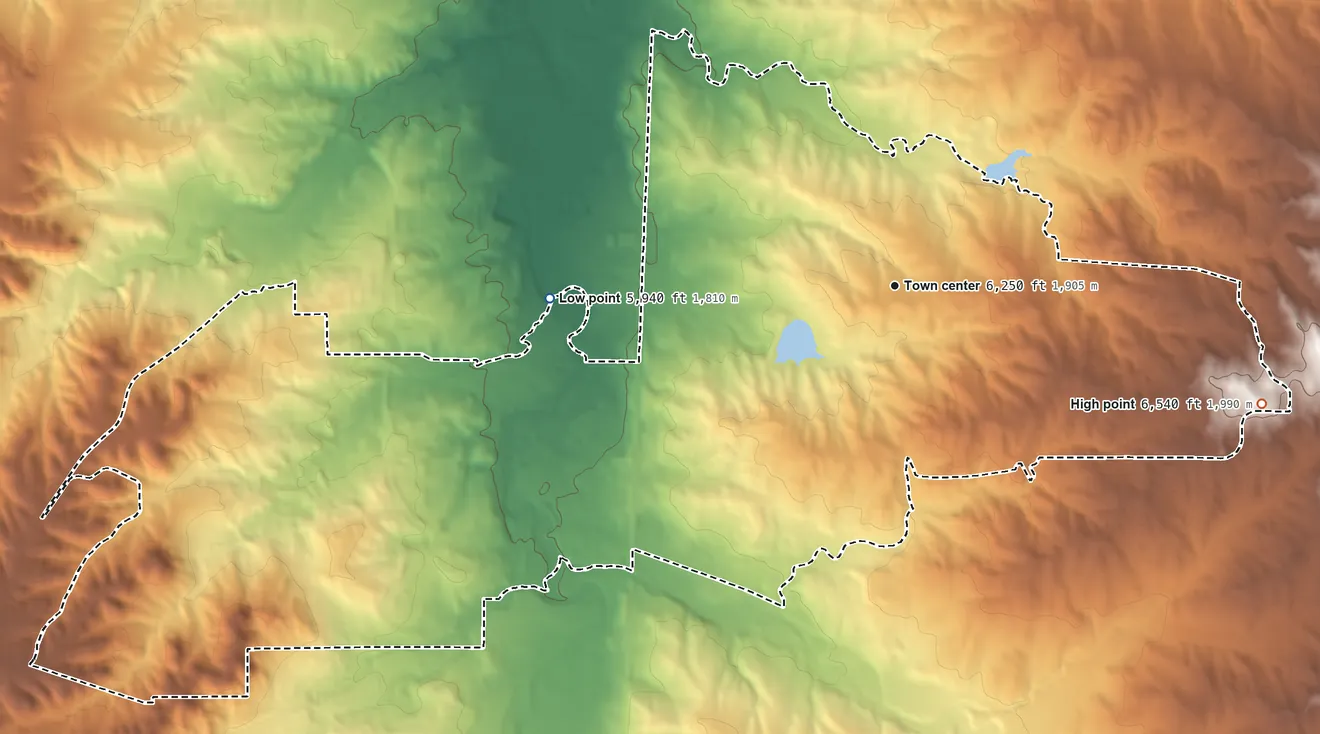 Topographic elevation map of The Pinery, Colorado, shaded from 5,940 ft on the west side to 6,540 ft on the east side