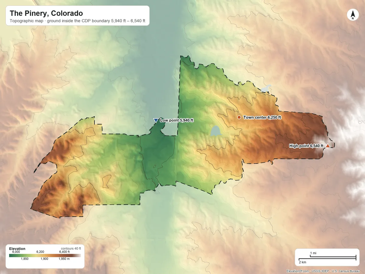 Topographic elevation map of The Pinery, Colorado, shaded from 5,940 ft on the west side to 6,540 ft on the east side