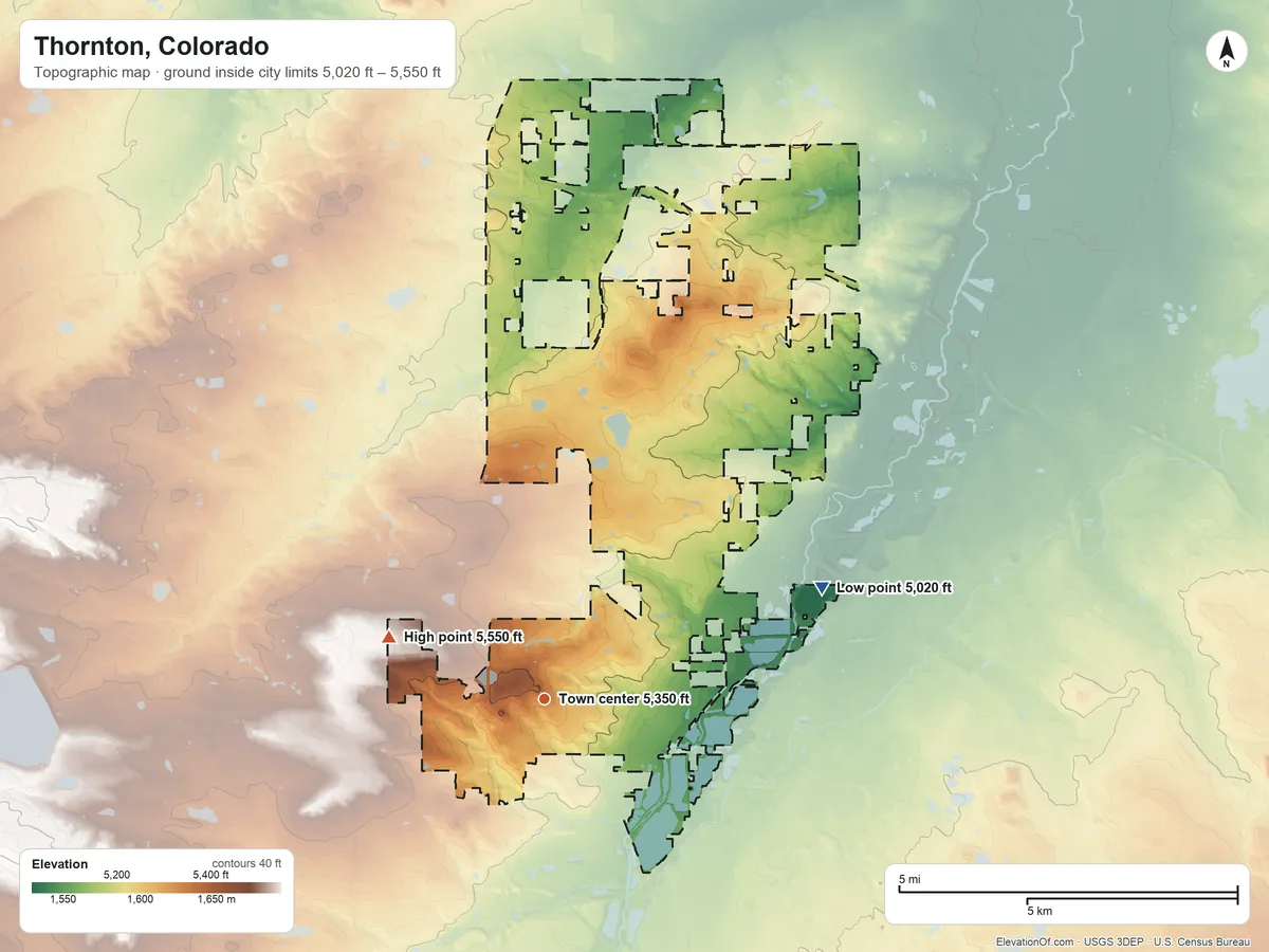 Topographic elevation map of Thornton, Colorado, shaded from 5,020 ft on the east side to 5,550 ft on the west side
