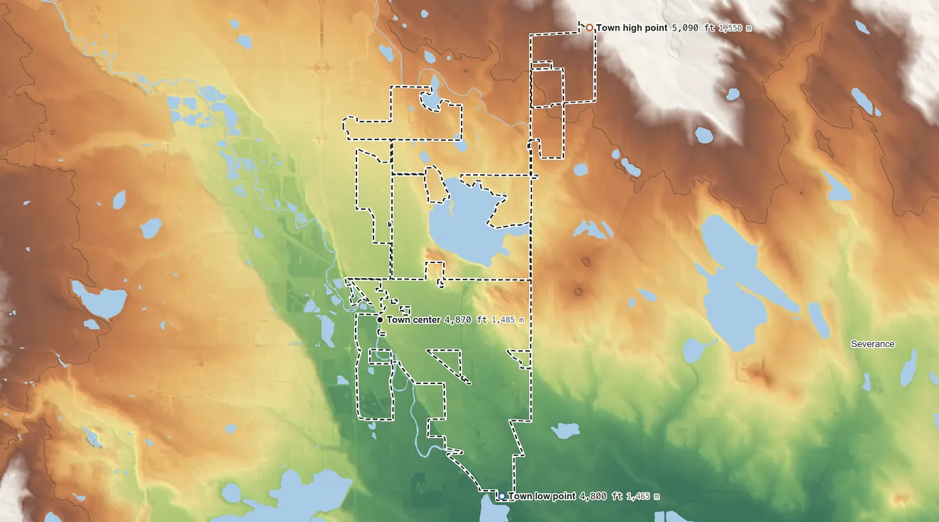 Topographic elevation map of Timnath, Colorado, shaded from 4,800 ft on the southeast side to 5,090 ft on the northeast side