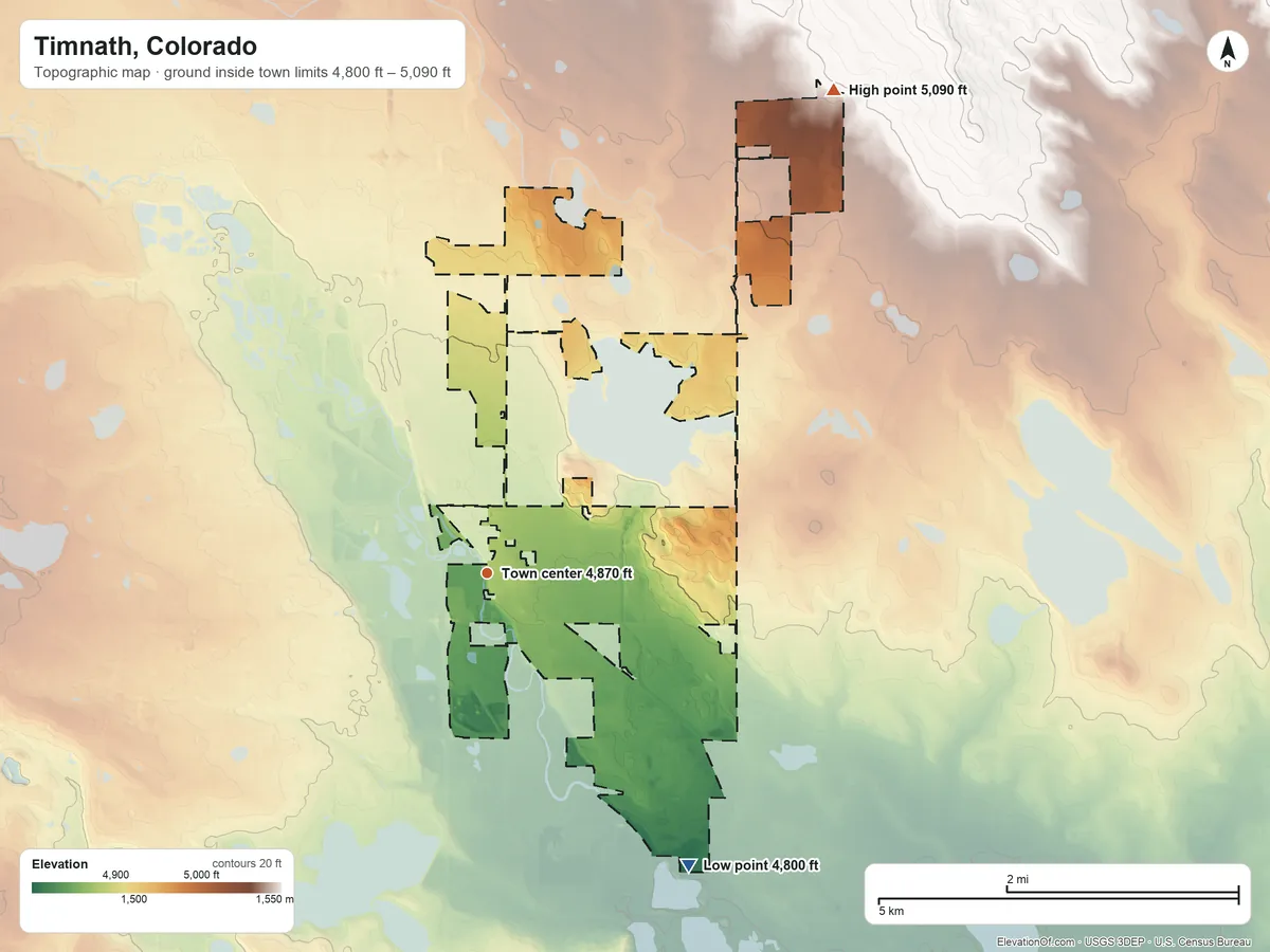 Topographic elevation map of Timnath, Colorado, shaded from 4,800 ft on the southeast side to 5,090 ft on the northeast side
