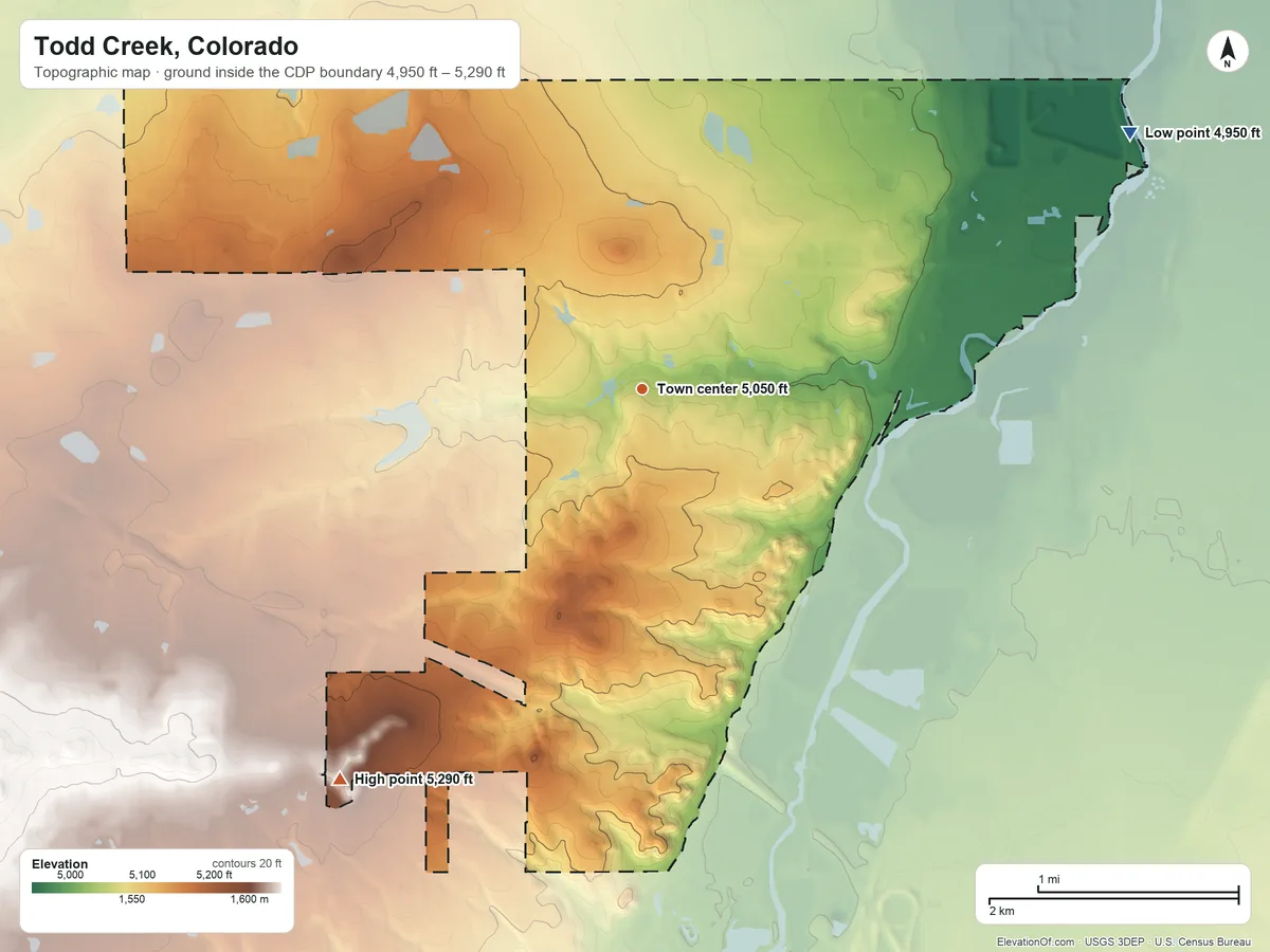 Topographic elevation map of Todd Creek, Colorado, shaded from 4,950 ft on the northeast side to 5,290 ft on the southwest side