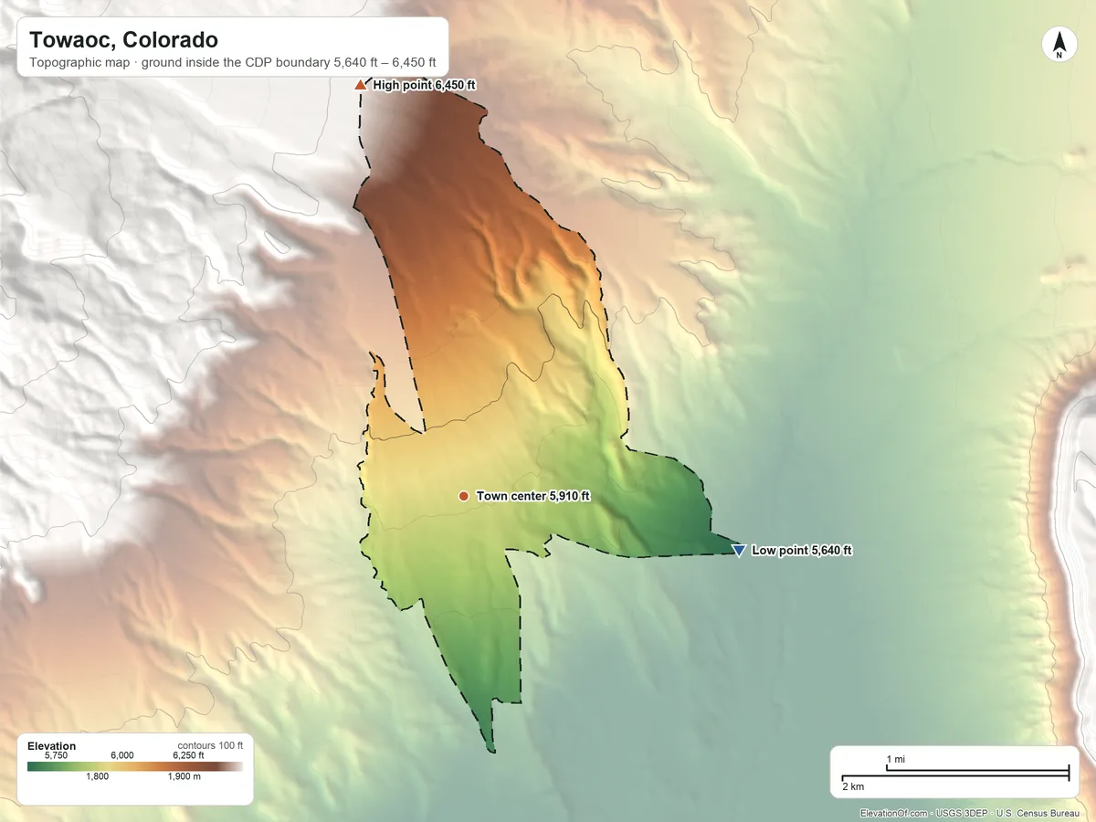 Topographic elevation map of Towaoc, Colorado, shaded from 5,640 ft on the east side to 6,450 ft on the north edge, below higher ground just outside