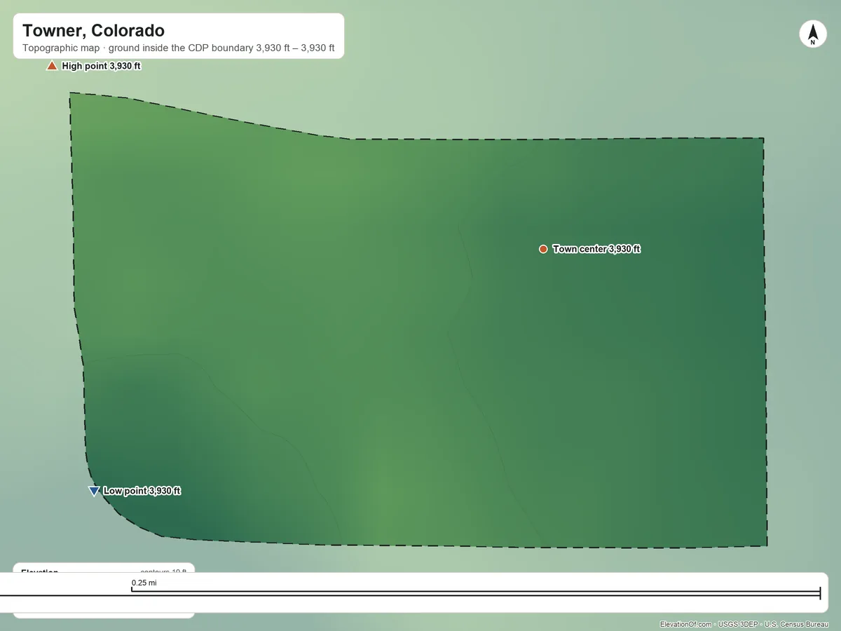 Topographic elevation map of Towner, Colorado, shaded from 3,930 ft on the southwest side to 3,930 ft on the west side