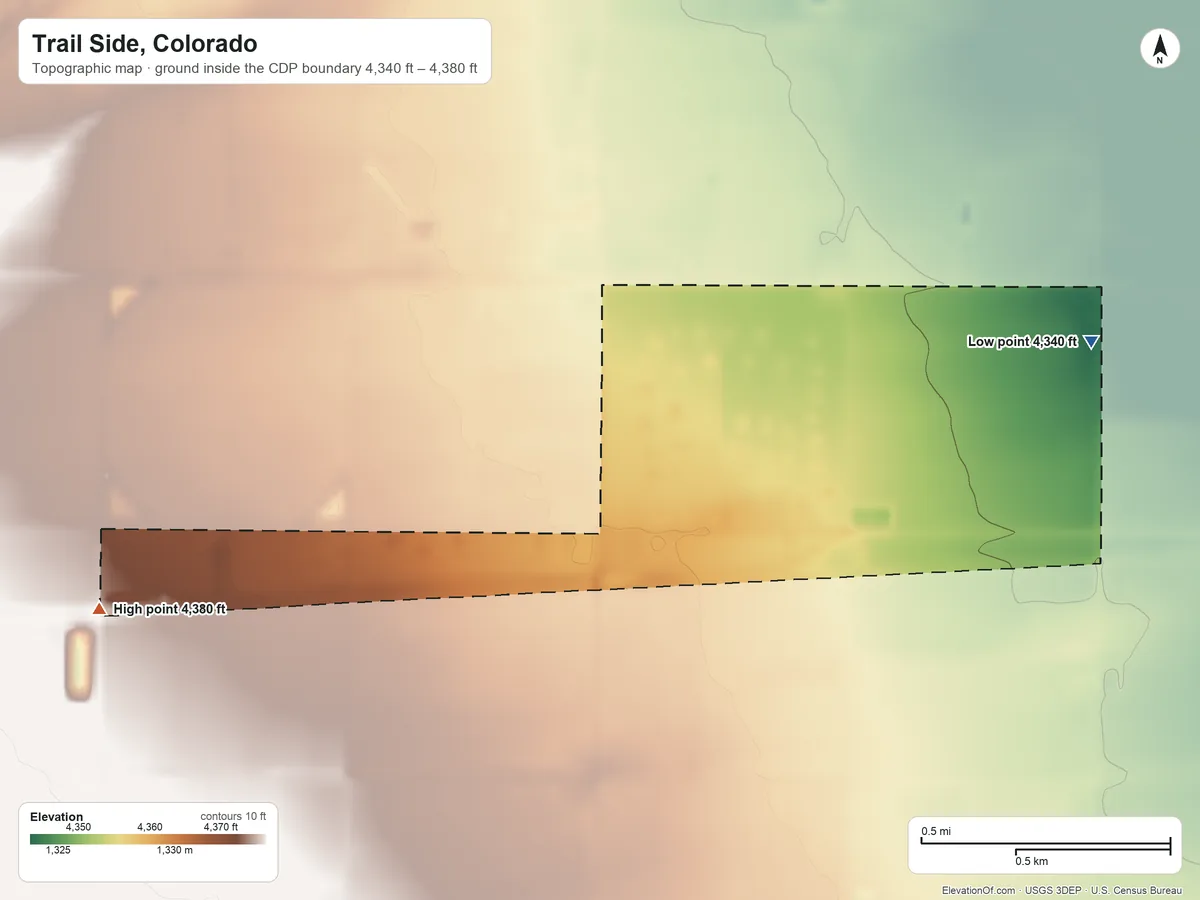 Topographic elevation map of Trail Side, Colorado, shaded from 4,340 ft on the east side to 4,380 ft on the west side
