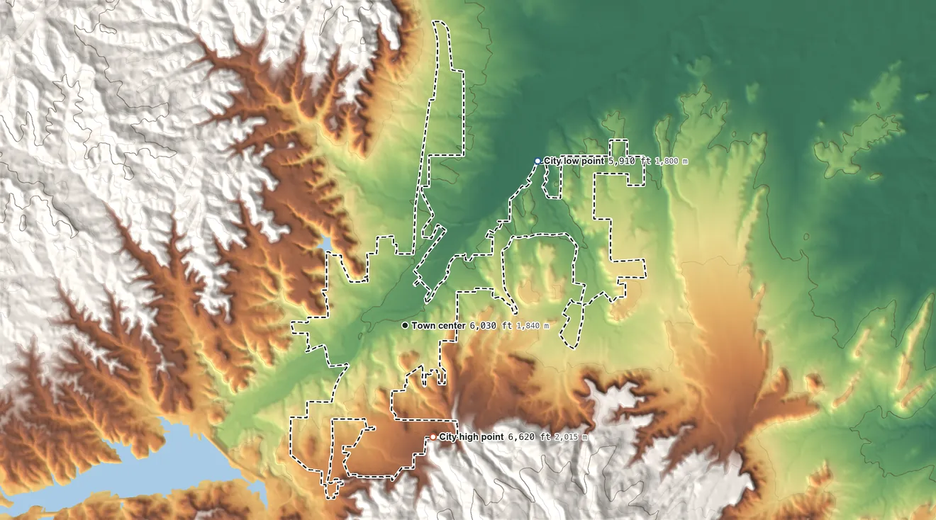 Topographic elevation map of Trinidad, Colorado, shaded from 5,910 ft on the northeast side to 6,620 ft on the south edge, below higher ground just outside