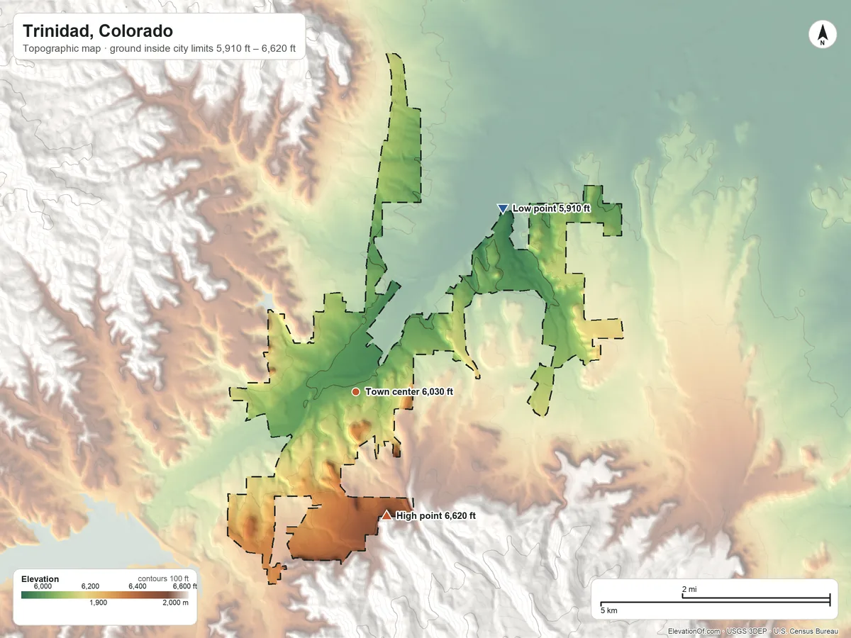 Topographic elevation map of Trinidad, Colorado, shaded from 5,910 ft on the northeast side to 6,620 ft on the south edge, below higher ground just outside