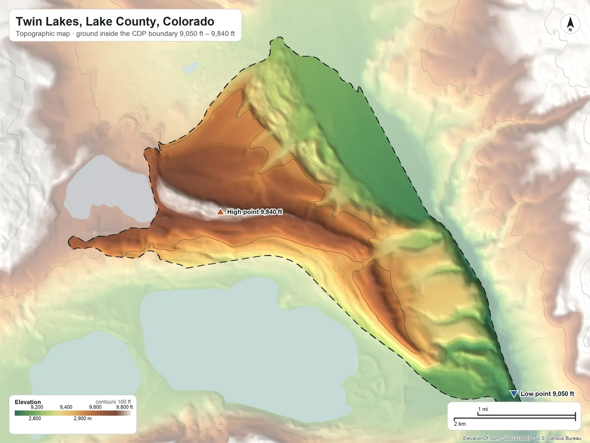 Topographic elevation map of Twin Lakes, Lake County, Colorado, shaded from 9,050 ft on the southeast side to 9,840 ft on the west side