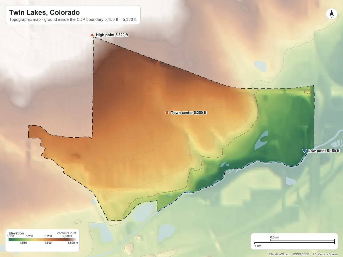 Topographic elevation map of Twin Lakes, Colorado, shaded from 5,150 ft on the east side to 5,320 ft on the northwest side