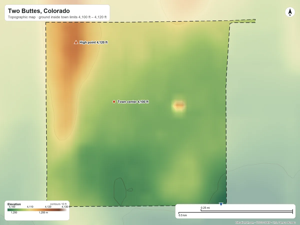 Topographic elevation map of Two Buttes, Colorado, shaded from 4,100 ft on the southeast side to 4,120 ft on the northwest side