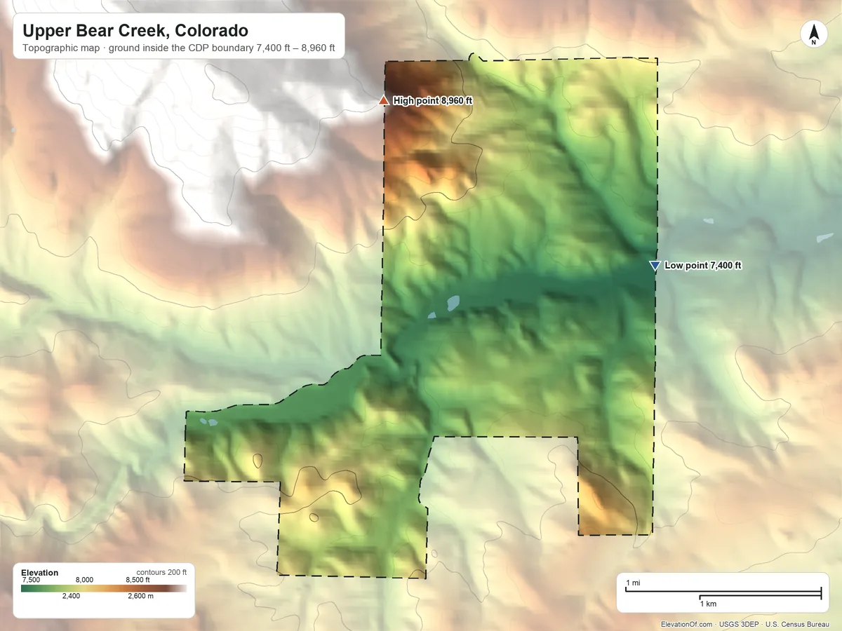 Topographic elevation map of Upper Bear Creek, Colorado, shaded from 7,400 ft on the east side to 8,960 ft on the northwest edge, below higher ground just outside