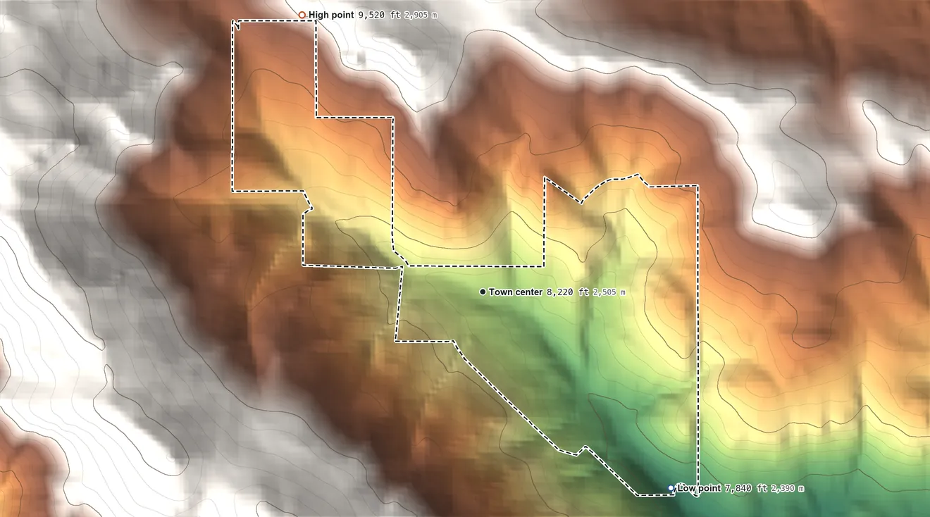 Topographic elevation map of Upper Witter Gulch, Colorado, shaded from 7,840 ft on the southeast side to 9,520 ft on the northwest edge, below higher ground just outside