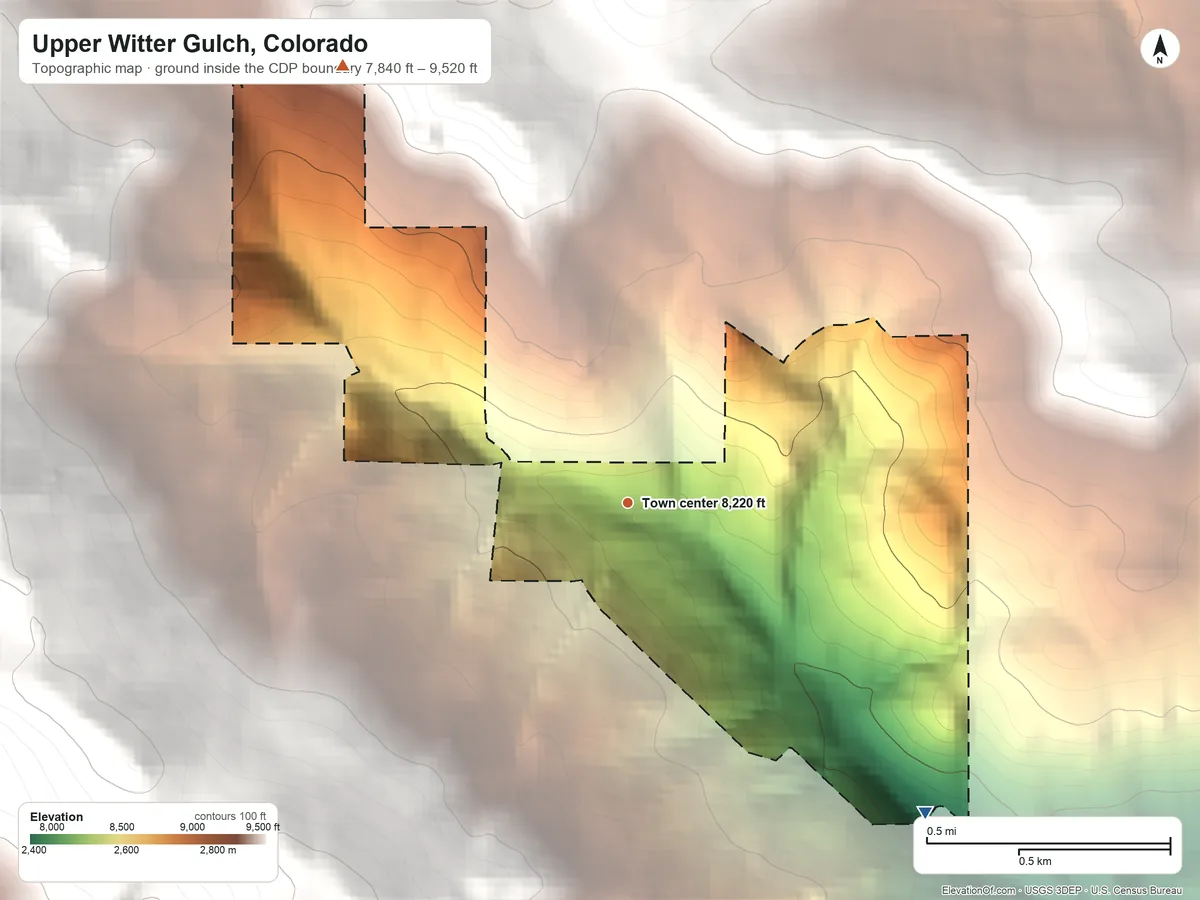 Topographic elevation map of Upper Witter Gulch, Colorado, shaded from 7,840 ft on the southeast side to 9,520 ft on the northwest edge, below higher ground just outside