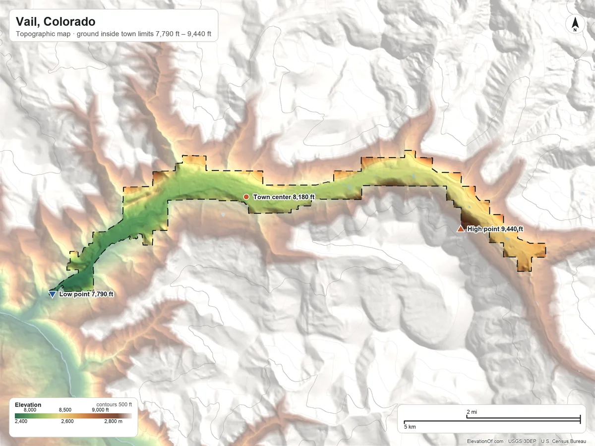 Topographic elevation map of Vail, Colorado, shaded from 7,790 ft on the southwest side to 9,440 ft at the foot of the Gore Range