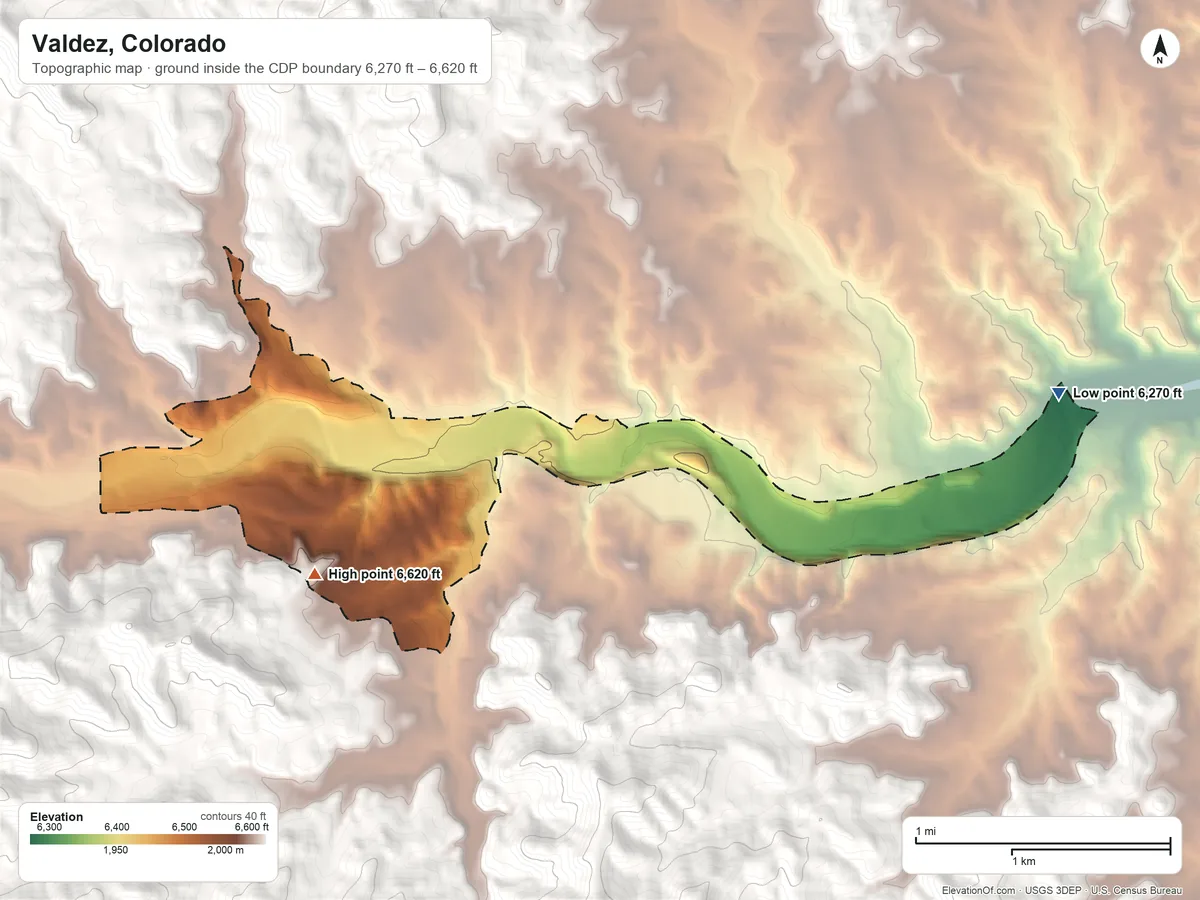 Topographic elevation map of Valdez, Colorado, shaded from 6,270 ft on the east side to 6,620 ft on the southwest edge, below higher ground just outside