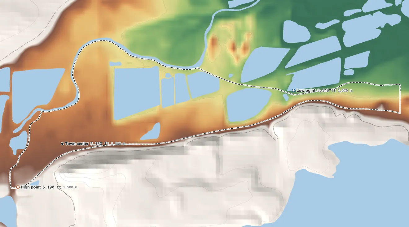 Topographic elevation map of Valmont, Colorado, shaded from 5,140 ft on the east side to 5,190 ft on the southwest side