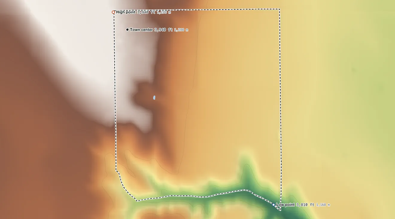 Topographic elevation map of Vernon, Colorado, shaded from 3,810 ft on the southeast side to 3,940 ft near the middle