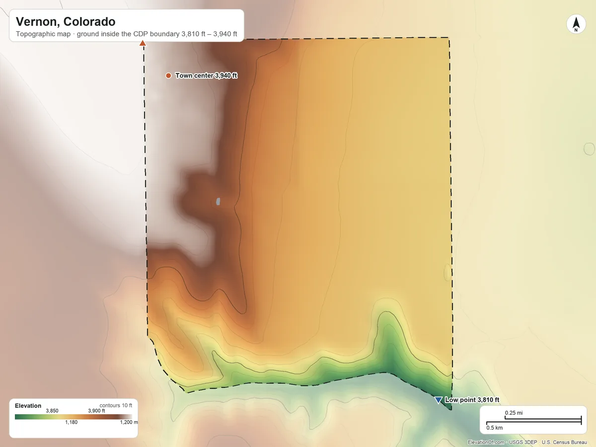Topographic elevation map of Vernon, Colorado, shaded from 3,810 ft on the southeast side to 3,940 ft near the middle