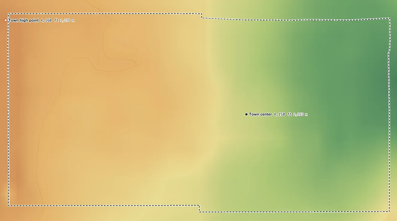 Topographic elevation map of Vilas, Colorado, shaded from 4,140 ft on the east side to 4,160 ft on the west side