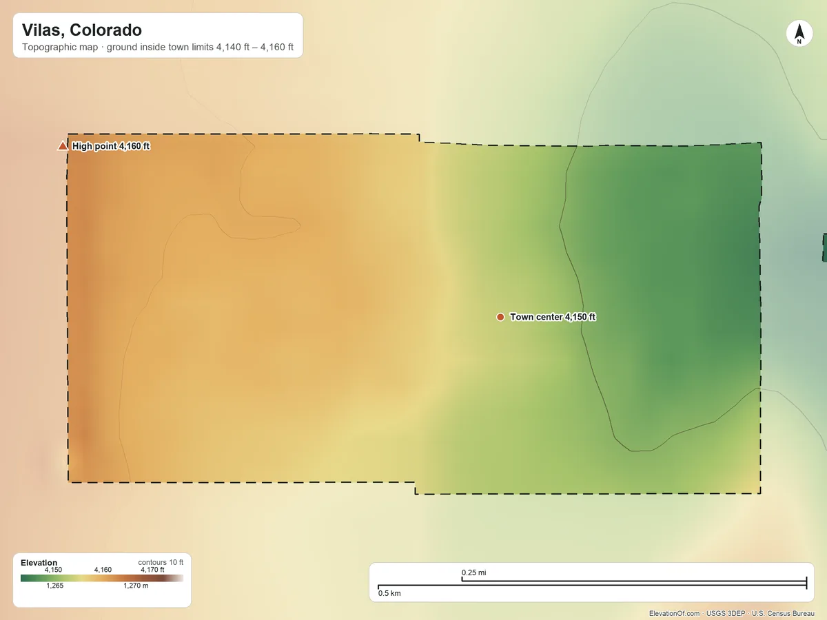 Topographic elevation map of Vilas, Colorado, shaded from 4,140 ft on the east side to 4,160 ft on the west side