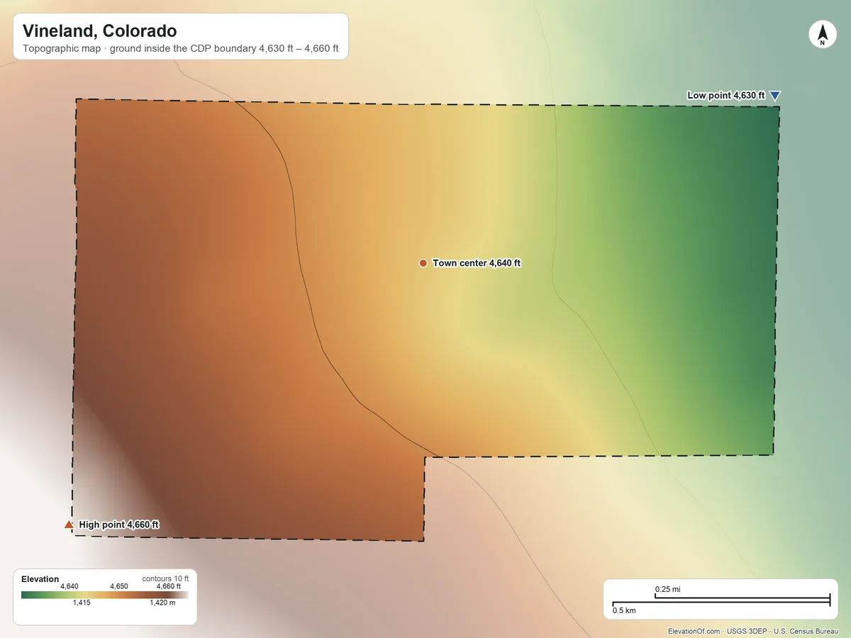 Topographic elevation map of Vineland, Colorado, shaded from 4,630 ft on the northeast side to 4,660 ft on the southwest side