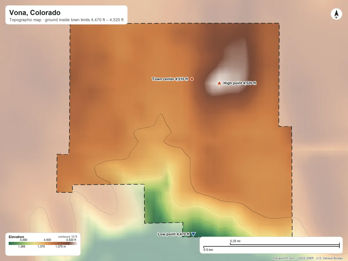 Topographic elevation map of Vona, Colorado, shaded from 4,470 ft on the south side to 4,520 ft near the middle