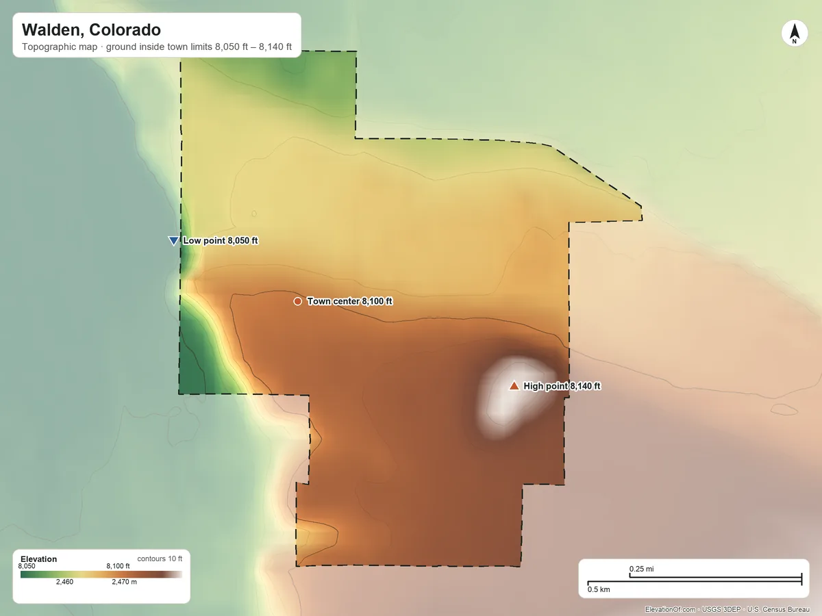 Topographic elevation map of Walden, Colorado, shaded from 8,050 ft on the northwest side to 8,140 ft on the east side