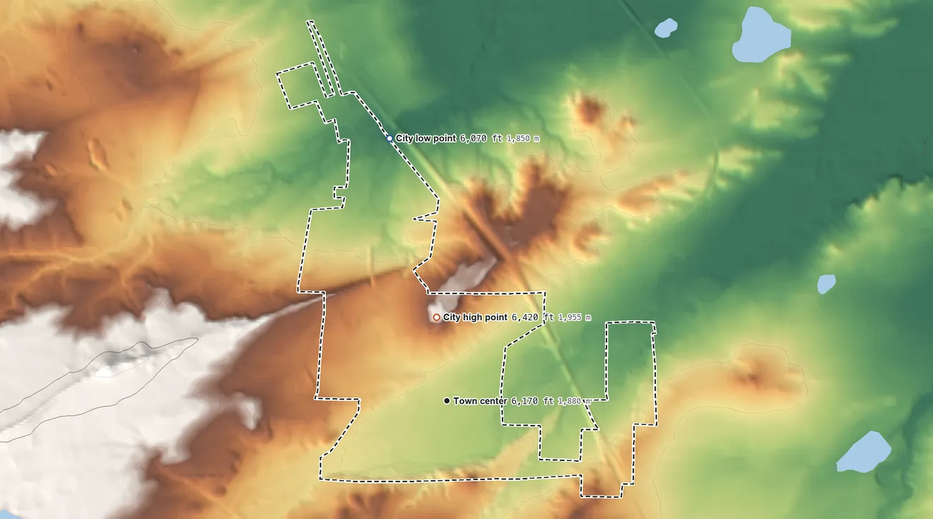 Topographic elevation map of Walsenburg, Colorado, shaded from 6,070 ft on the north side to 6,420 ft on the north side
