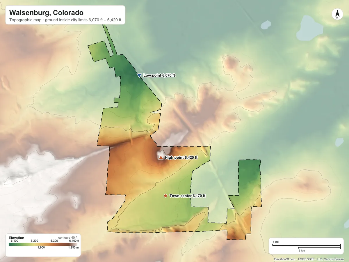 Topographic elevation map of Walsenburg, Colorado, shaded from 6,070 ft on the north side to 6,420 ft on the north side