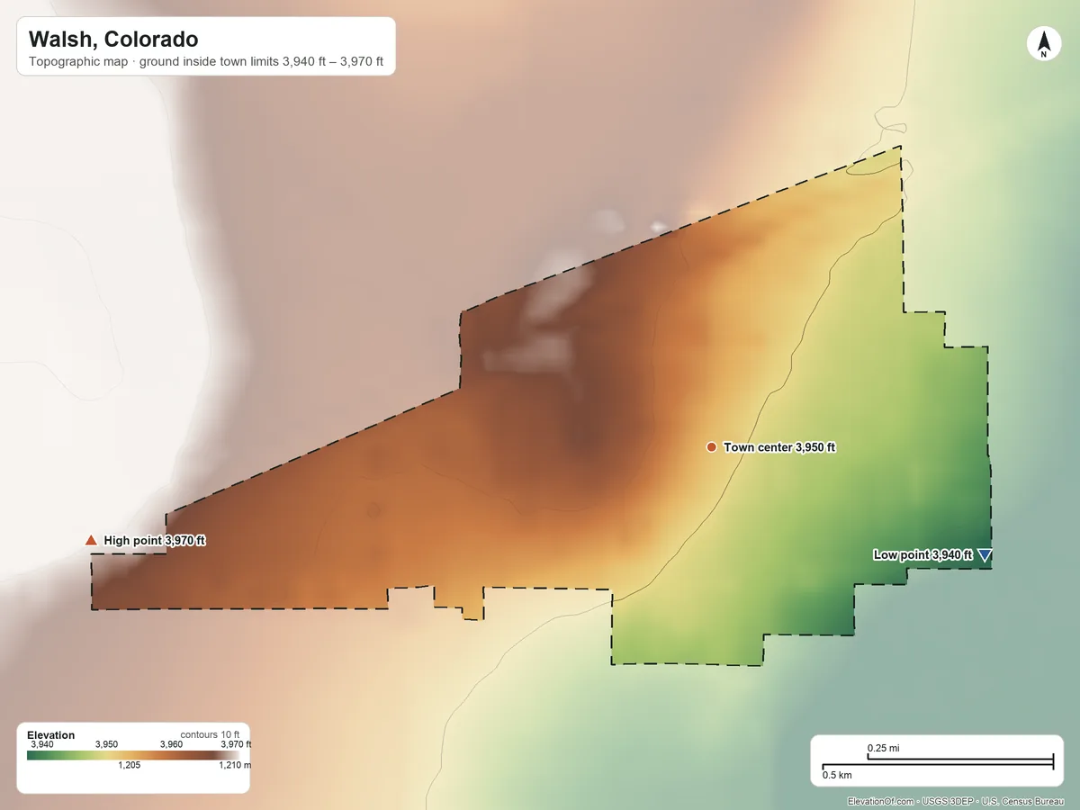 Topographic elevation map of Walsh, Colorado, shaded from 3,940 ft on the east side to 3,970 ft on the west side