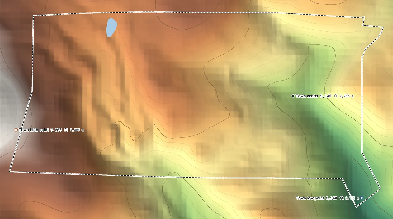Topographic elevation map of Ward, Colorado, shaded from 8,940 ft on the southeast side to 9,860 ft at the foot of the Indian Peaks
