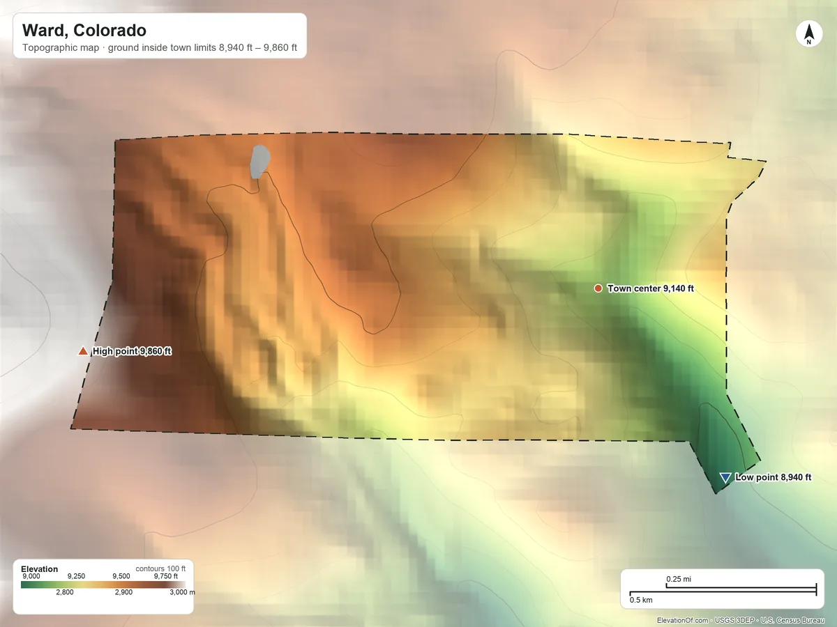 Topographic elevation map of Ward, Colorado, shaded from 8,940 ft on the southeast side to 9,860 ft at the foot of the Indian Peaks