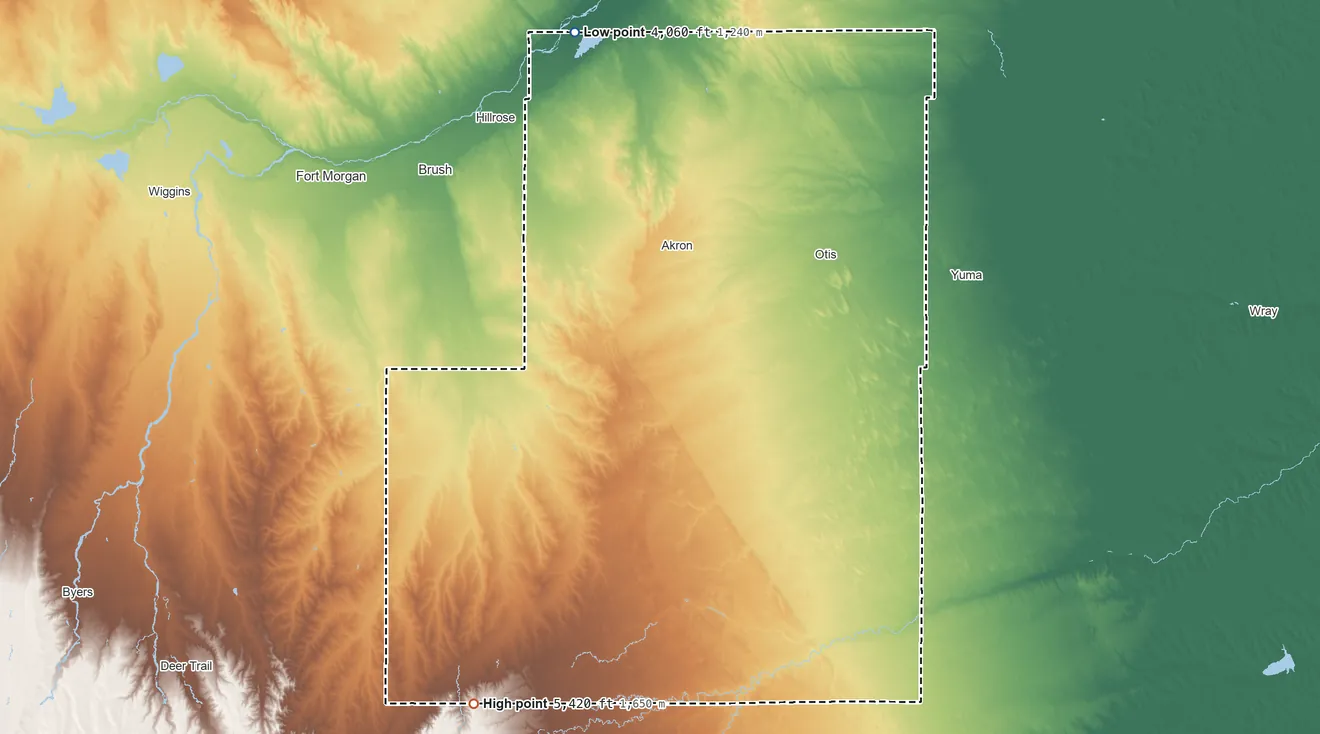 Topographic elevation map of Washington County, Colorado, shaded from 4,060 ft on the north side to 5,420 ft on the southwest side