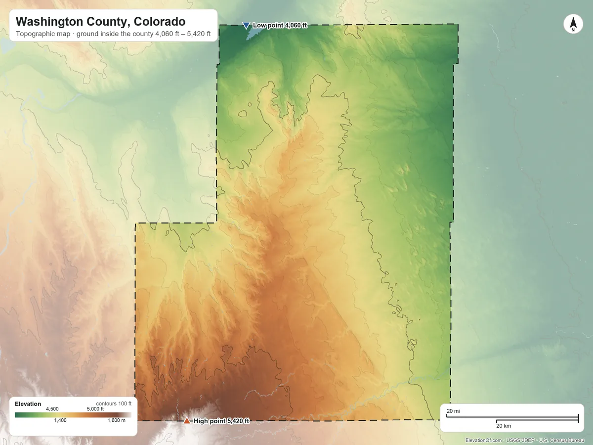 Topographic elevation map of Washington County, Colorado, shaded from 4,060 ft on the north side to 5,420 ft on the southwest side