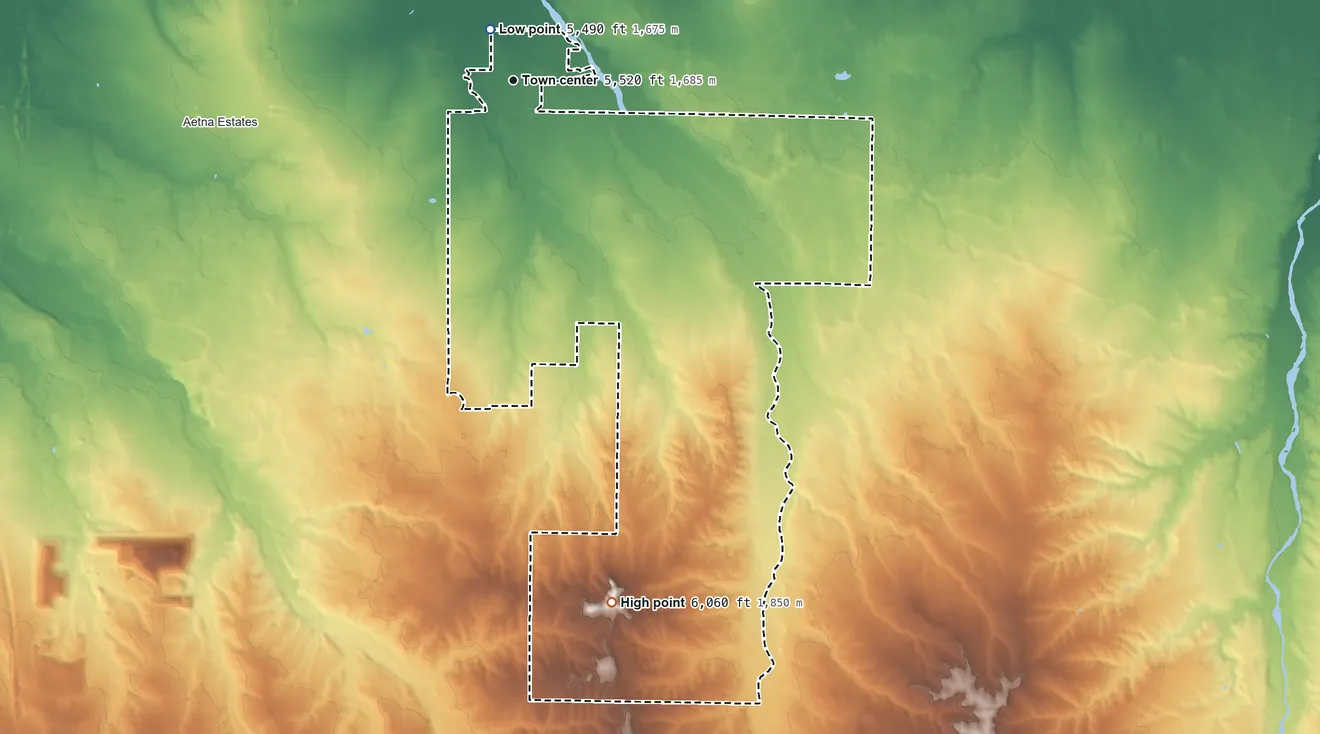 Topographic elevation map of Watkins, Colorado, shaded from 5,490 ft near the middle to 6,060 ft on the south side
