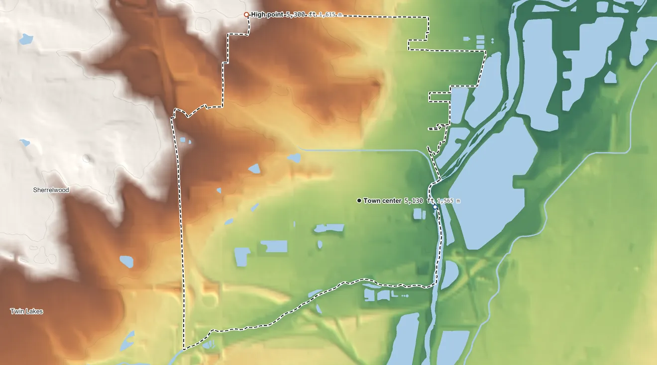 Topographic elevation map of Welby, Colorado, shaded from 5,080 ft on the east side to 5,300 ft on the northwest side