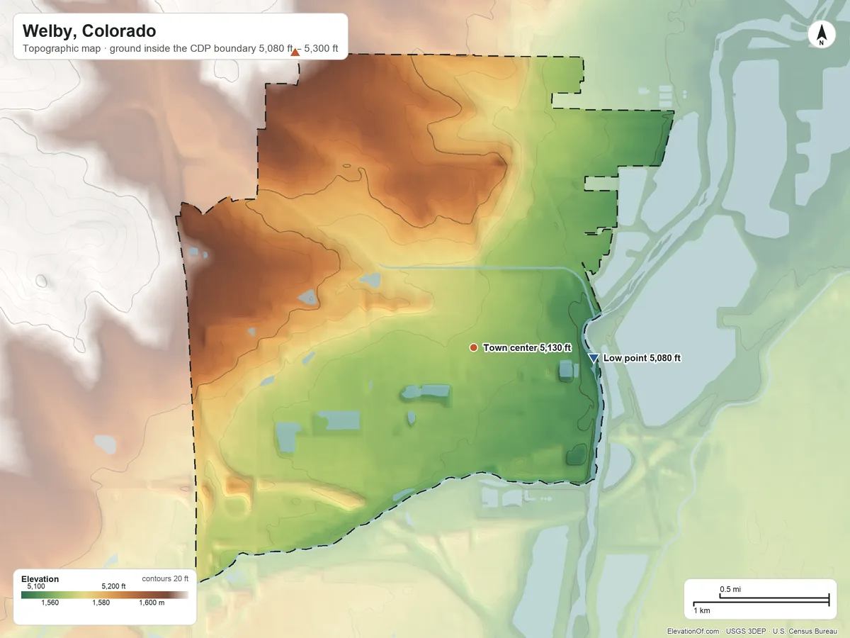 Topographic elevation map of Welby, Colorado, shaded from 5,080 ft on the east side to 5,300 ft on the northwest side