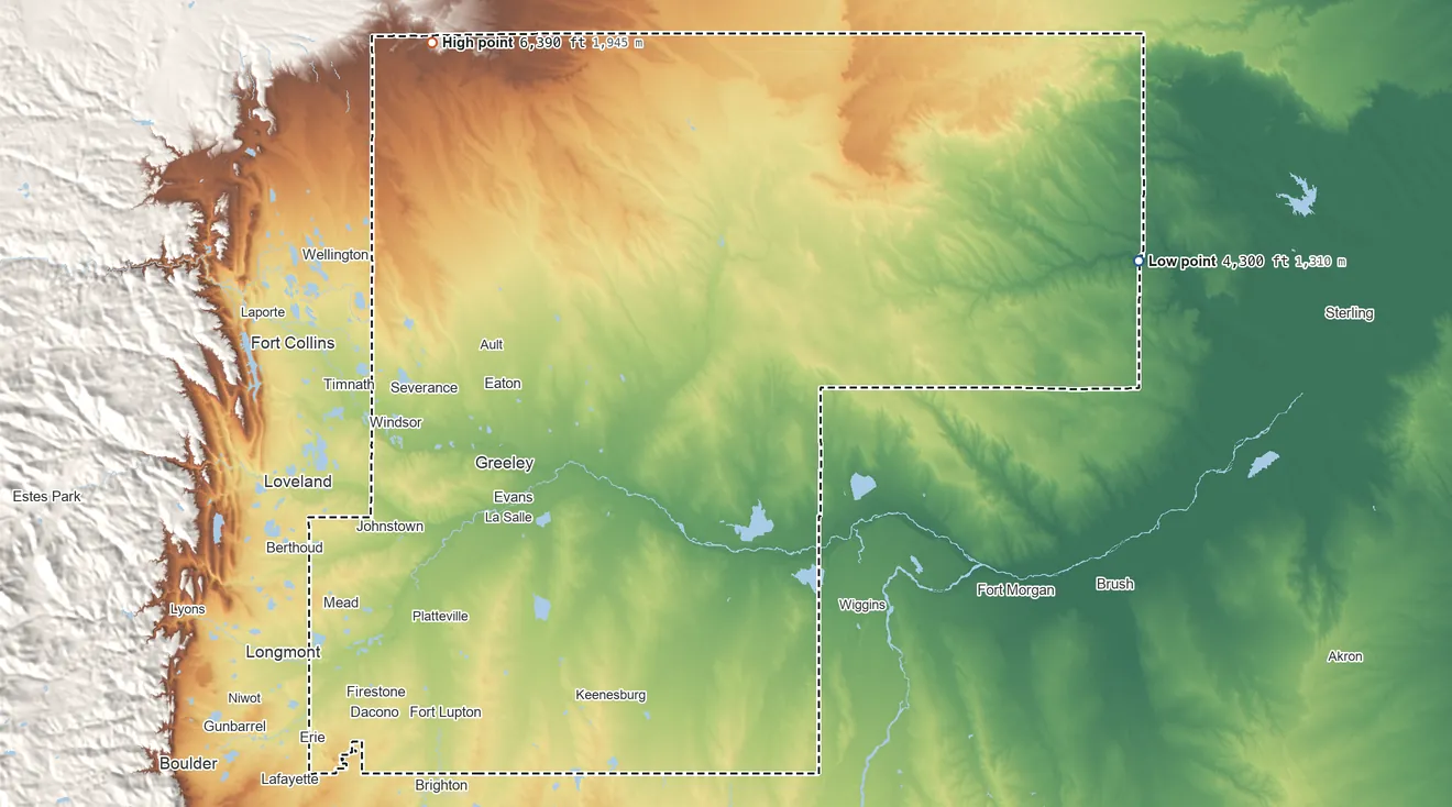 Topographic elevation map of Weld County, Colorado, shaded from 4,300 ft on the east side to 6,390 ft on the northwest side