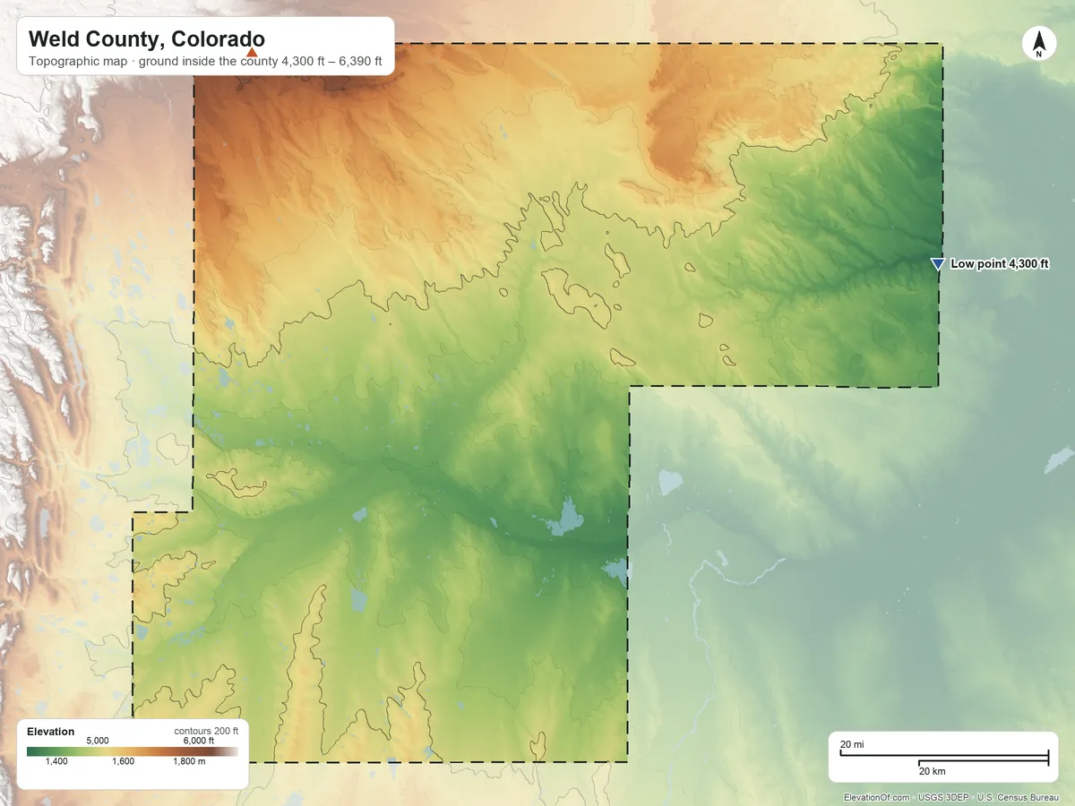 Topographic elevation map of Weld County, Colorado, shaded from 4,300 ft on the east side to 6,390 ft on the northwest side