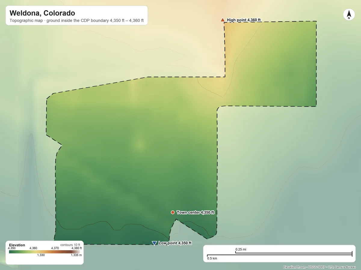 Topographic elevation map of Weldona, Colorado, shaded from 4,350 ft on the southwest side to 4,360 ft on the north side