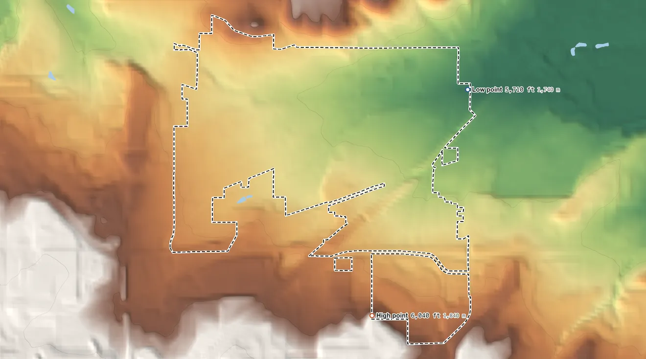 Topographic elevation map of West Pleasant View, Colorado, shaded from 5,710 ft on the east side to 6,040 ft on the southeast edge, below higher ground just outside